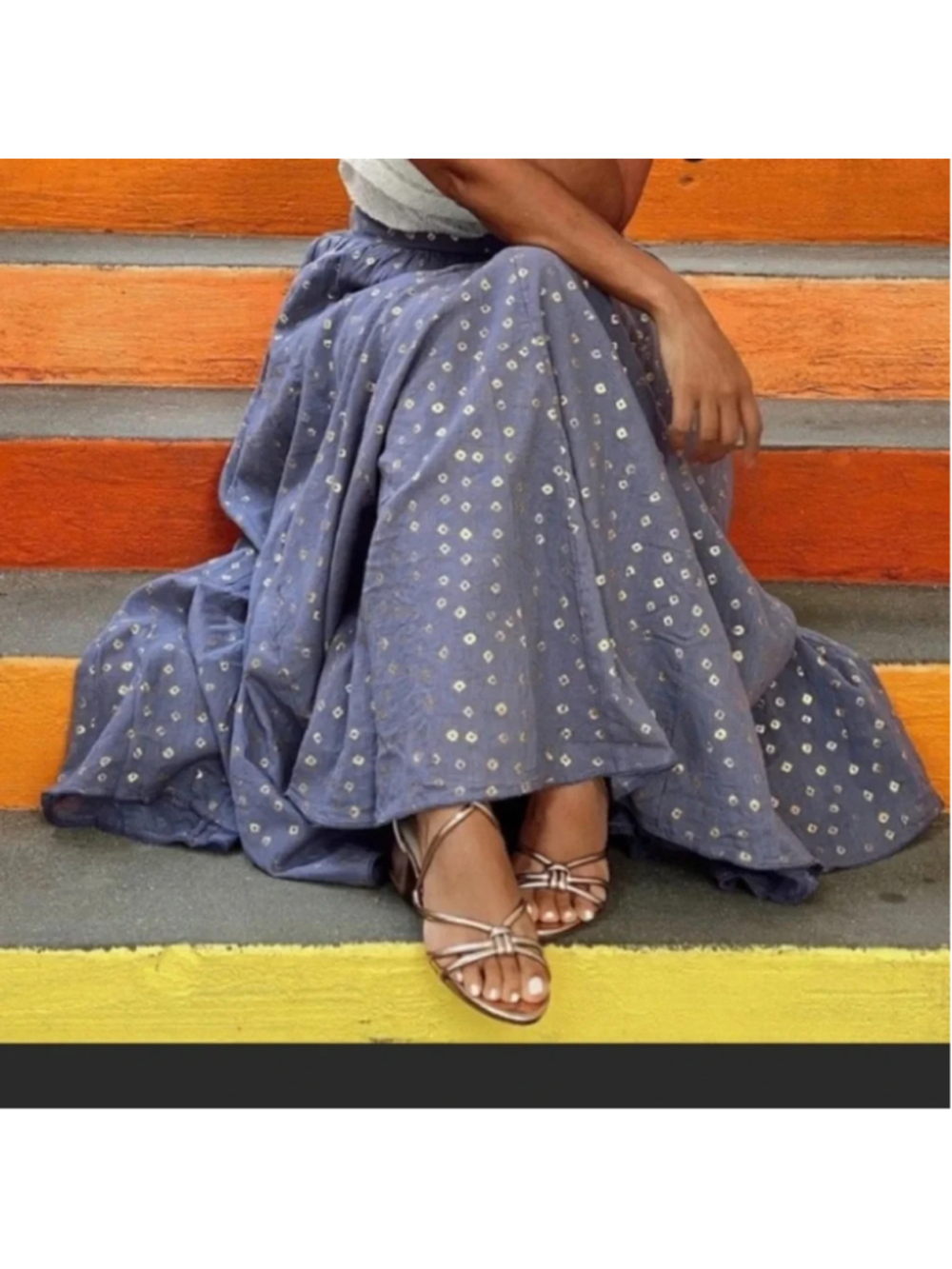 by Anthropologie Gold Shimmer Cotton Linen Maxi Skirt Smocked Waist Sz XS Boho